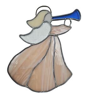 Vintage Stained GLass Suncatcher Ornament Angel Blowing Blue Horn 8.5" x 8"
